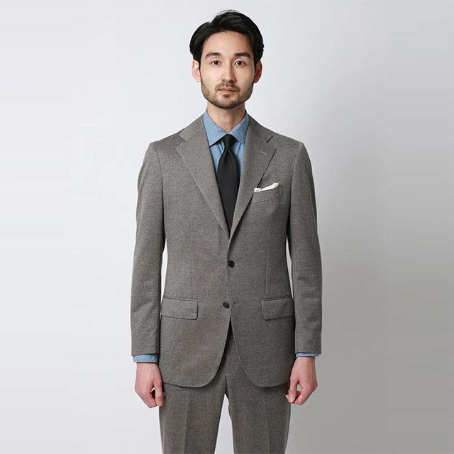 【スーツスクエア】メンズ 春夏 スーツ 上下セット 涼しい ひんやり グレー 灰色 背広 紳士服 ストレッチ 接触冷感 ハウンドトゥース 3つボタン段返り 本切羽の画像