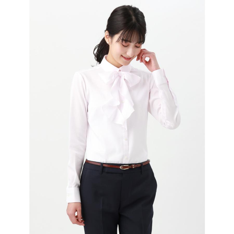 シャツ/ブラウス/レディース/Easy Care Blouse リボン付きレギュラーカラー  シャドーチェック/ ピンク