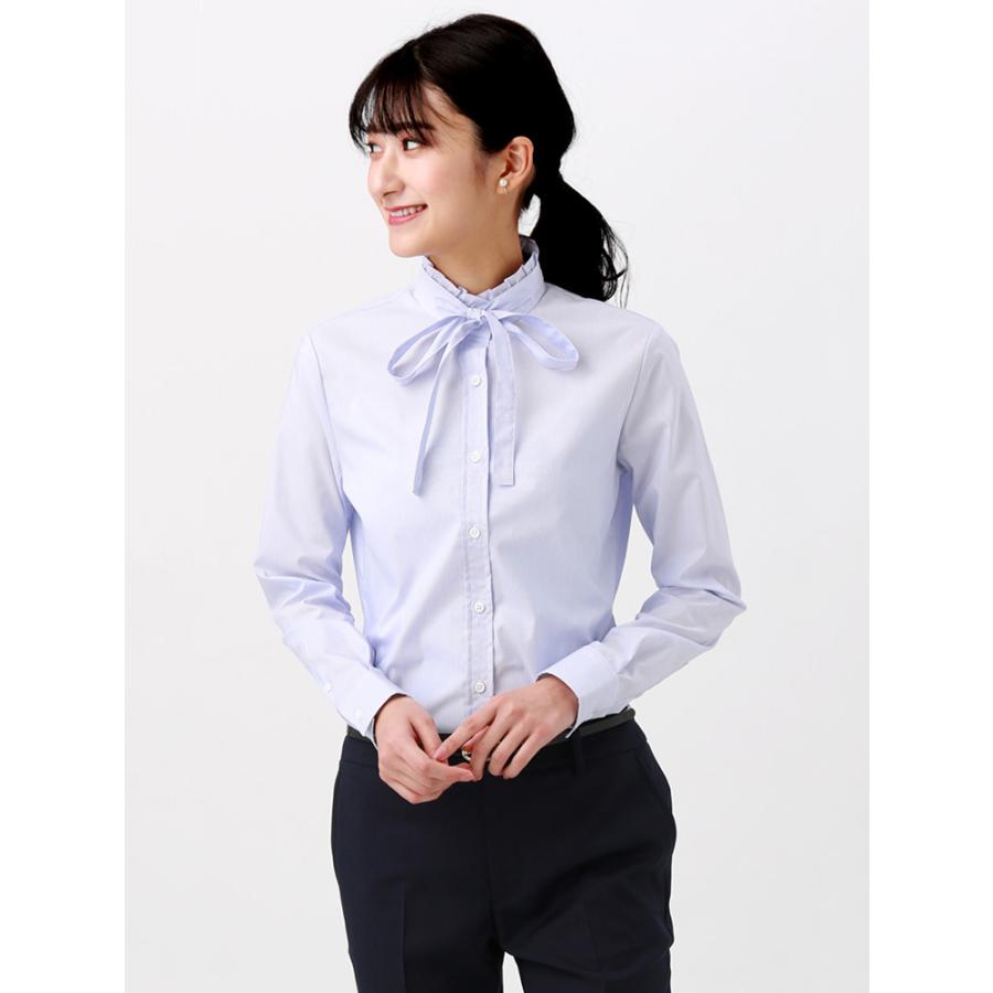 シャツ/ブラウス/レディース/destyle/Easy Care Stretch Blouse リボン付スタンドカラー/ ホワイト×ブルー