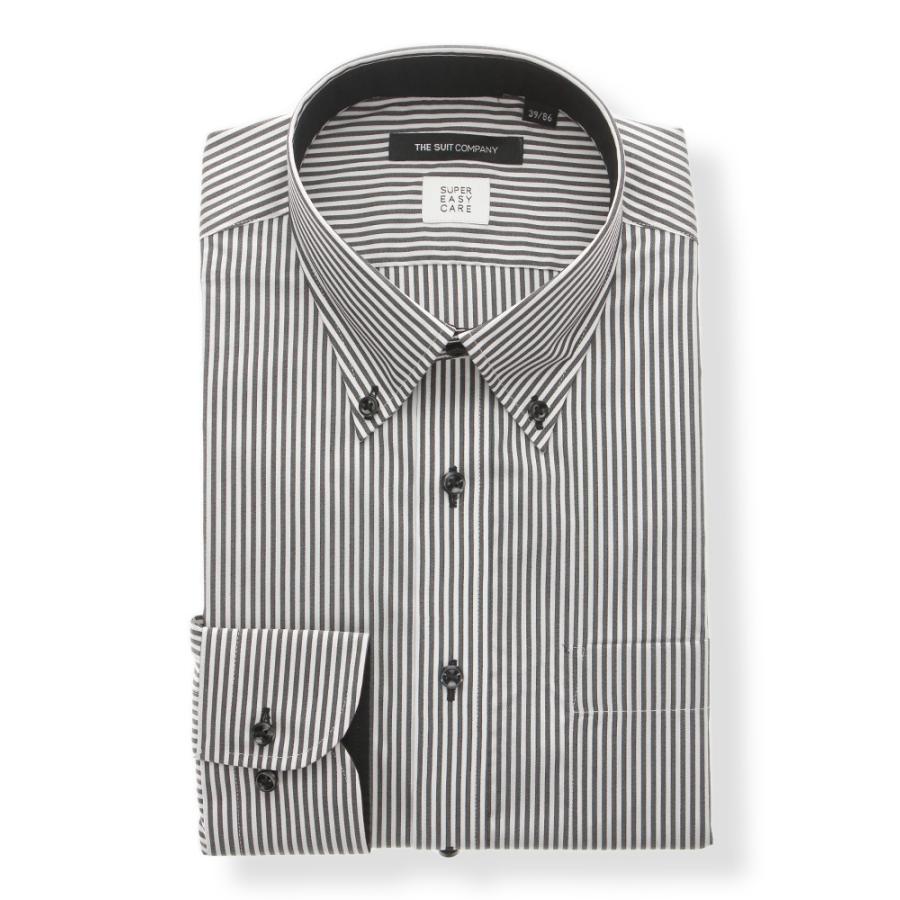 ドレスシャツ/長袖/メンズ/SUPER EASY CARE/ボタンダウンカラードレスシャツ ストライプ 〔EC・BASIC〕 ブラック×ホワイト