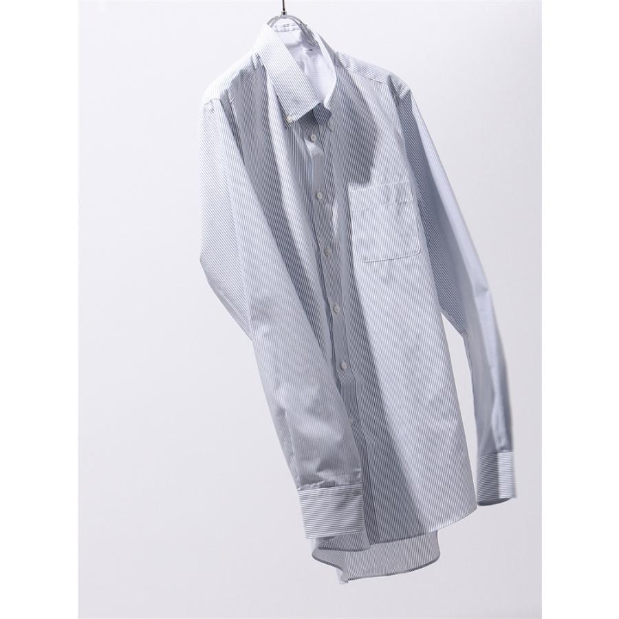 ワイシャツ 長袖 形態安定 涼しい ボタンダウンカラー ストライプ FIT ドレスシャツ ネイビー :NF3BM006-MF:スーツスクエア