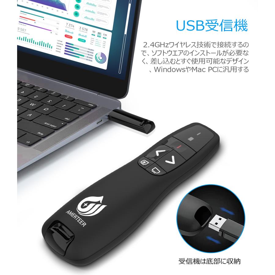 レーザーポインター  ワイヤレス プレゼンター AMERTEER 　PPTスライド用リモート  リモートコントロール PSC認証済み  ブラック (RF015) |  | 04