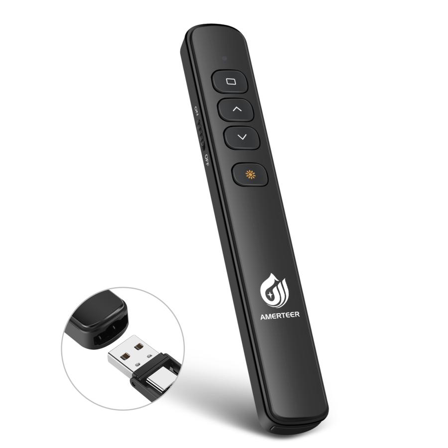 レーザーポインター ワイヤレス プレゼンター AMERTEER PPTスライド用リモート  充電式 PSC認証済み ハイパーリンク ブラック (RF067) ポスト投函 | 