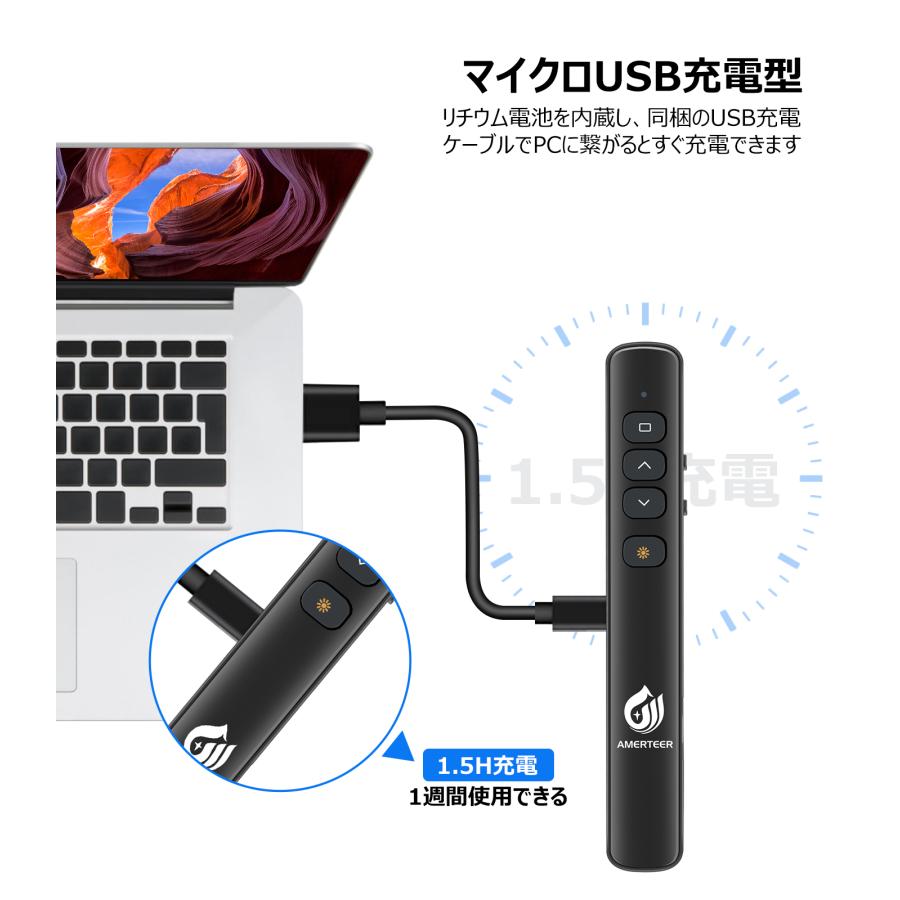 レーザーポインター ワイヤレス プレゼンター AMERTEER PPTスライド用リモート  充電式 PSC認証済み ハイパーリンク ブラック (RF067) ポスト投函 |  | 04