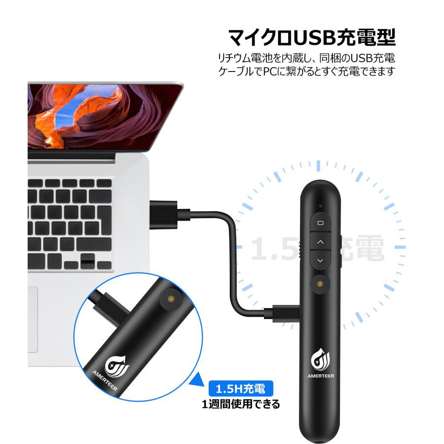 レーザーポインター ワイヤレス プレゼンター AMERTEER PPTスライド用リモート 充電式 PSC認証済み ハイパーリンク ブラック (RF068) ポスト投函 |  | 05
