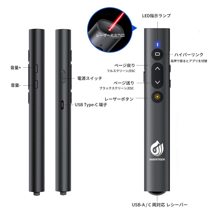レーザーポインター ワイヤレス プレゼンター AMERTEER PPTスライド用リモート USB充電式 リモートコントロール PSC認証済み (071) ポスト投函 |  | 05