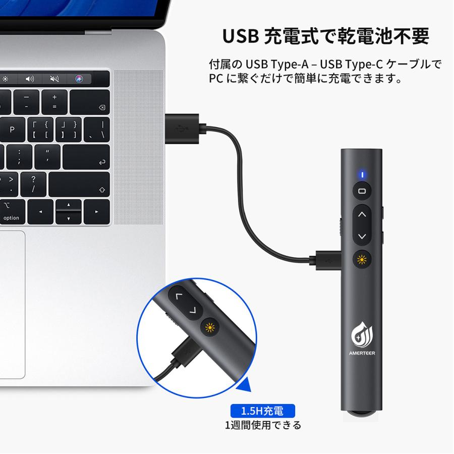 レーザーポインター ワイヤレス プレゼンター AMERTEER PPTスライド用リモート USB充電式 リモートコントロール PSC認証済み (071) ポスト投函 |  | 07