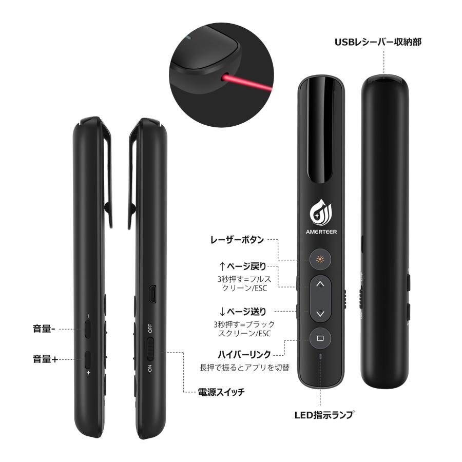 レーザーポインター ワイヤレス プレゼンター AMERTEER PPTスライド用リモート  充電式 PSC認証済み ハイパーリンク ブラック (RF072) ポスト投函 |  | 04