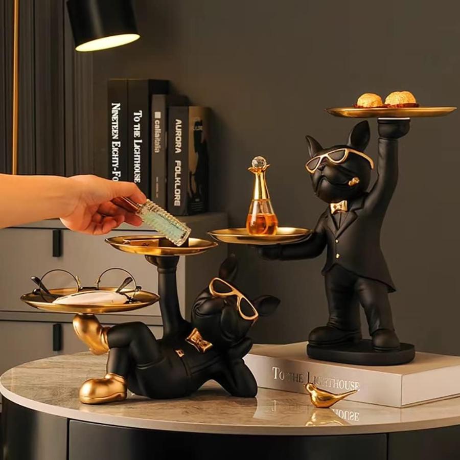 置物 犬の像の装飾トレイ フレンチブルドック ダブルトレイ キー収納