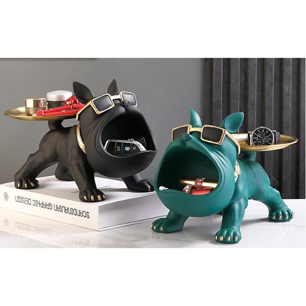 【美品】犬型トレイ付き置物 ドッグ サングラス ベルト 首輪 鍵置き オブジェ 置物 犬の像の装飾トレイ フレンチブルドック ダブルトレイ キー収納