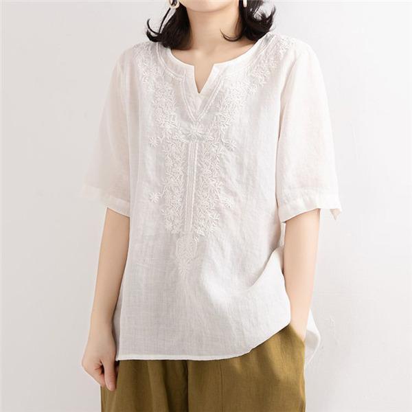 ブラウス レディース 半袖ブラウス シャツ チュニック 五分袖 女性 母の日 春 夏 夏服 Tシャツ 刺繍 トップス 無地 きれいめ 着痩せ 通勤 薄手 ゆったり｜ulimalie｜17