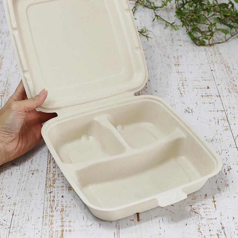 バガス 再生紙製容器 SBT-パルプヒンジコンテナSQ 3区切り 750ｍｌ 蓋付き 300個セット（サトウキビの搾りカスから再生）業務用 大容量の画像