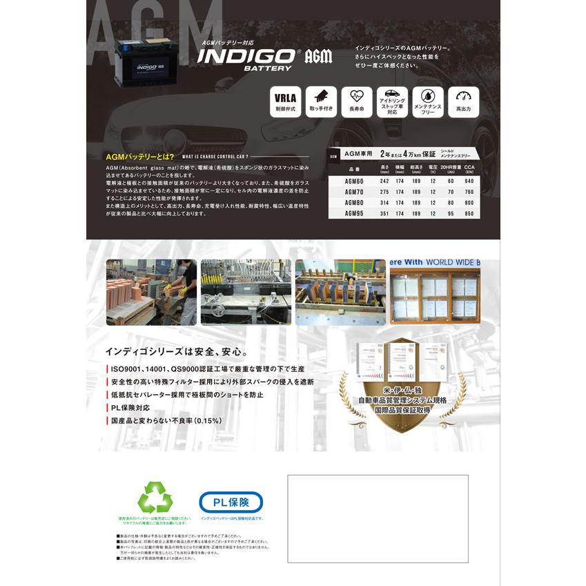 INDIGO プジョー 208 A9HN01 インディゴ バッテリー AGM70 1個