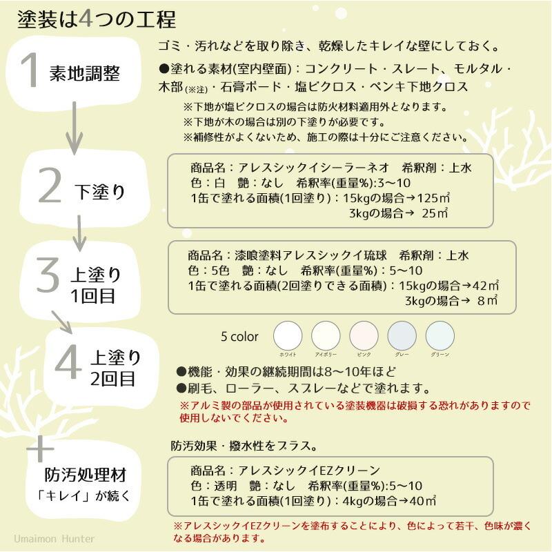 アレスシックイ琉球 ホワイト 3kg パウチタイプ 内装用 漆喰塗料 沖縄産消石灰系仕上塗料 防火認定材料｜umaimon-hunter｜04