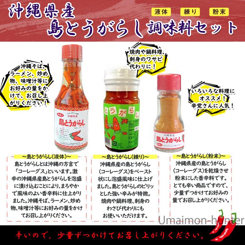 沖縄県産 島とうがらし 調味料セット 1セット コーレーグース 練り 粉末 大城海産物加工所 沖縄 人気 定番 土産 島唐辛子 調味料 送料無料 Osks Smtcs 0000 On 001 旨いもんハンター 通販 Yahoo ショッピング