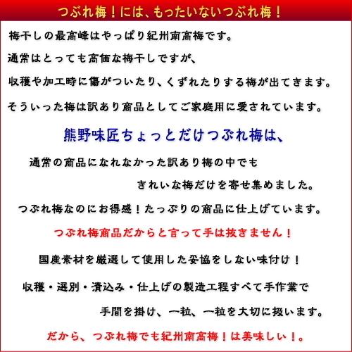 【つぶれ梅上級品！お得！】熊野味匠ちょっとだけつぶれ梅干 ［はちみつ］ 500g　紀州南高梅 (塩分約6%) |  | 02