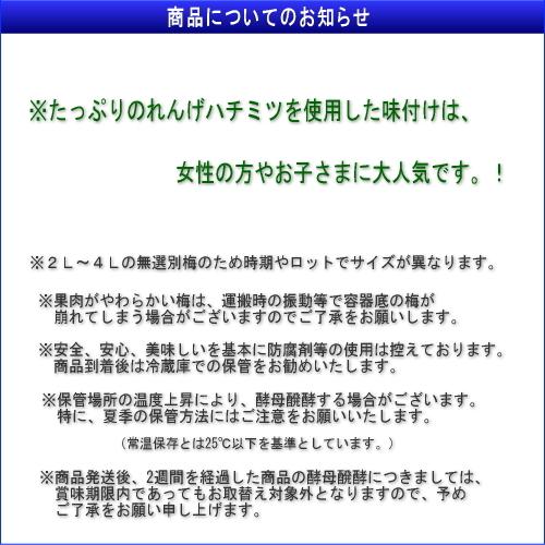 【つぶれ梅上級品！お得！】熊野味匠ちょっとだけつぶれ梅干 ［はちみつ］ 1Kg〈500g×2〉 紀州南高梅 (塩分約6%) |  | 04