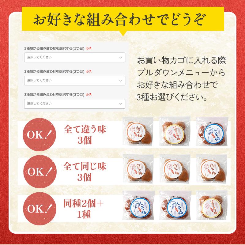 訳あり お試しセット 梅干し はちみつ梅 しそ梅 白干し 80g×3 つぶれ梅