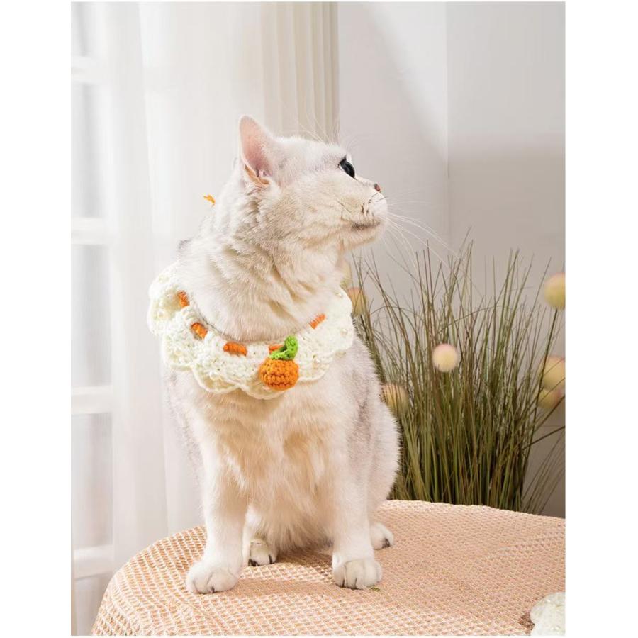 送料無料】猫首輪 かぎ針編み みかん セーフティ 手作り パール装飾