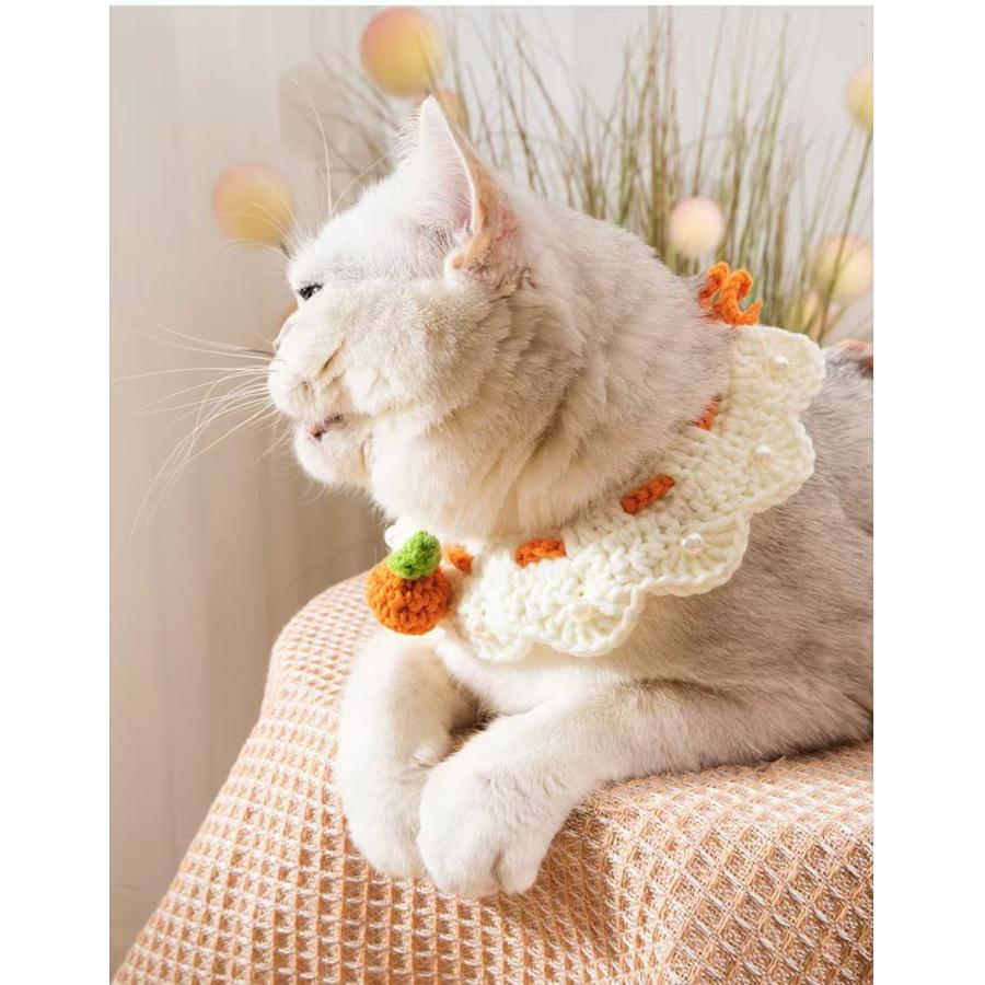 送料無料】猫首輪 かぎ針編み みかん セーフティ 手作り パール装飾