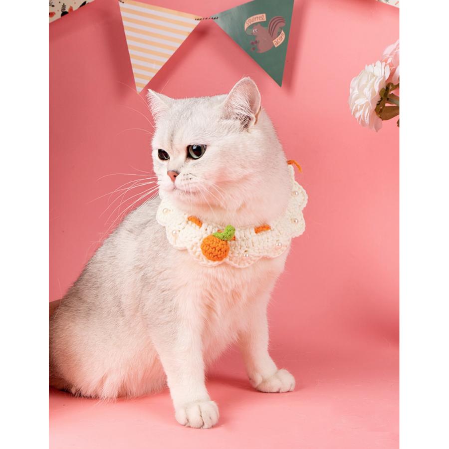 送料無料】猫首輪 かぎ針編み みかん セーフティ 手作り パール装飾
