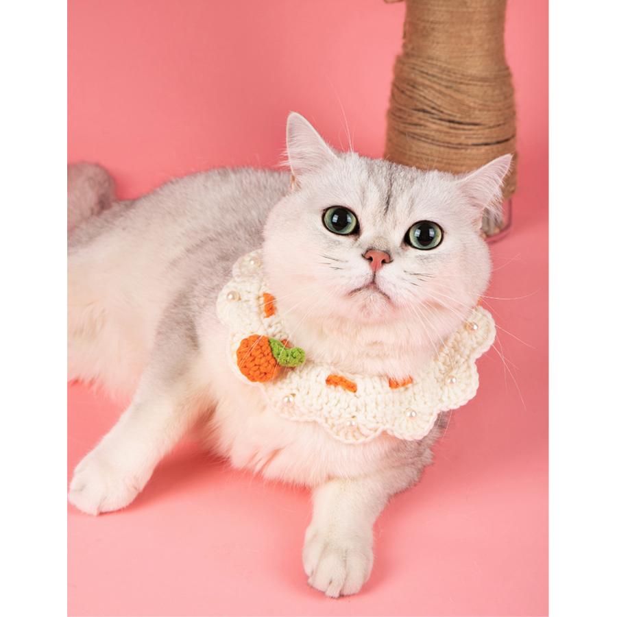 送料無料】猫首輪 かぎ針編み みかん セーフティ 手作り パール装飾