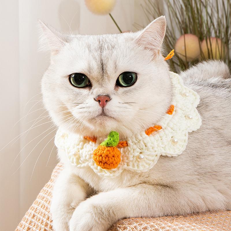 送料無料】猫首輪 かぎ針編み みかん セーフティ 手作り パール装飾