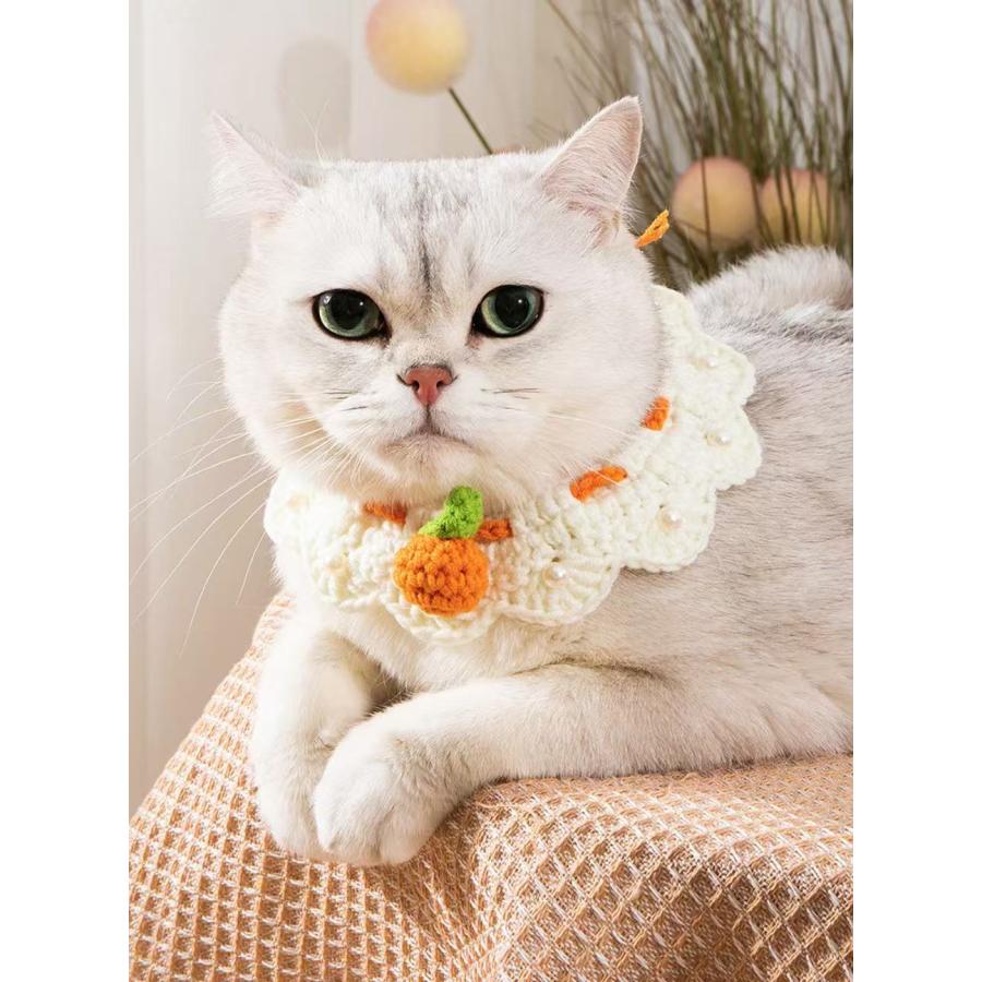 送料無料】猫首輪 かぎ針編み みかん セーフティ 手作り パール装飾