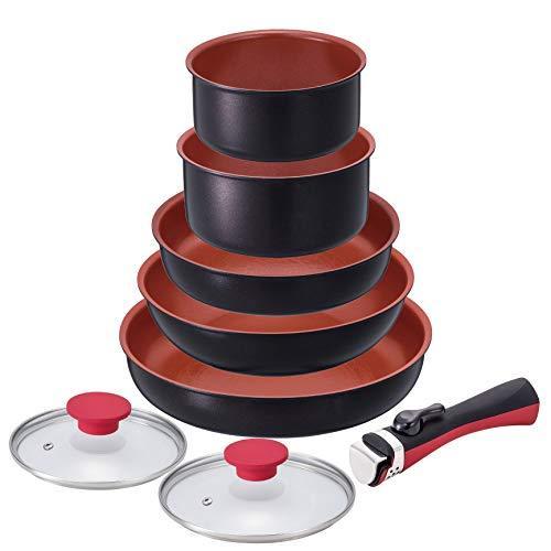 ベストコ フライパン 鍋 取っ手の取れる 8点 セット レッド デリシャスサイン ワンハンドル IH対応 ふっ素樹脂