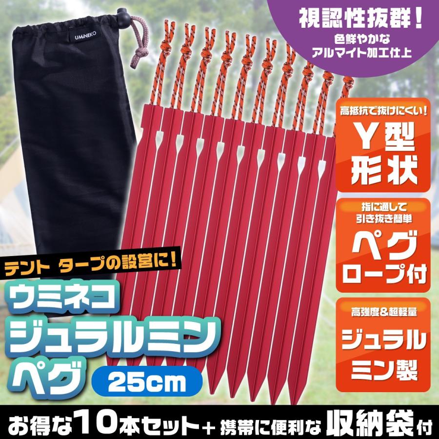 ペグ アルミ 長め 25cm Y字型 10本セット 軽量 ジュラルミン製