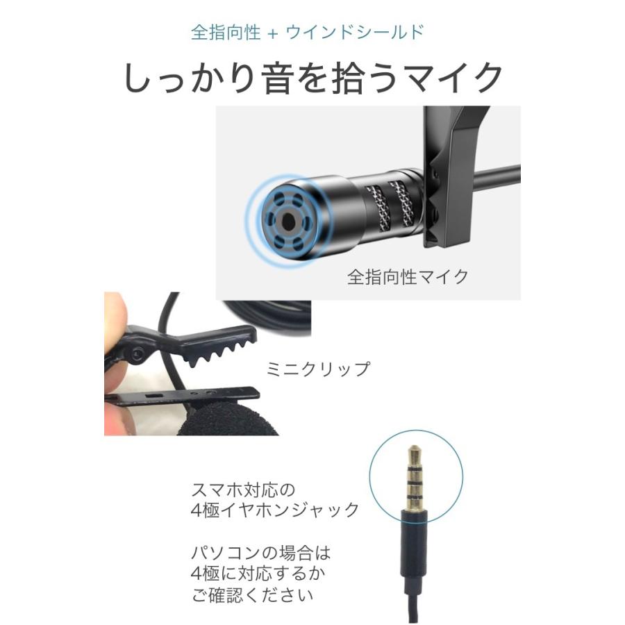 ピンマイク 4極 1.5m スマホ ミニ クリップマイク コンデンサーマイク