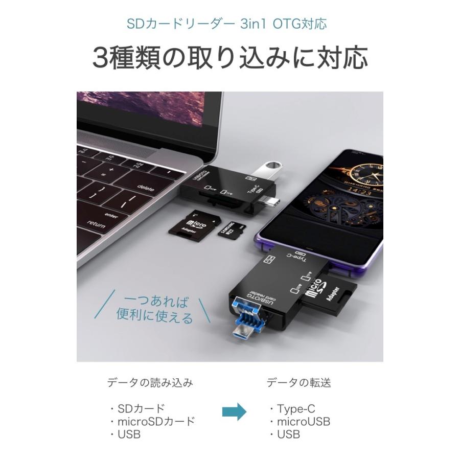 SDカードリーダー 3in1 Type-C microUSB SDカード microSDカード UBSタイプA USB2.0 OTG マルチカードリーダー スマホ パソコン 画像 動画 デジカメ 転送 小型｜umiwo｜02