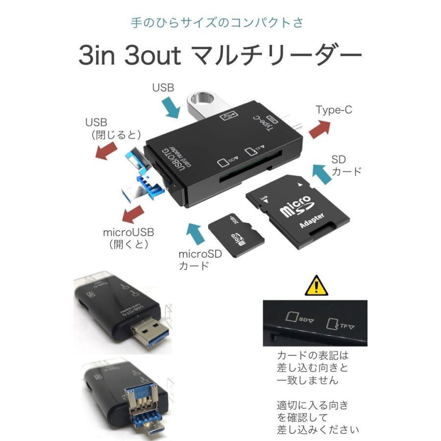 SDカードリーダー 3in1 Type-C microUSB SDカード microSDカード UBSタイプA USB2.0 OTG マルチカードリーダー スマホ パソコン 画像 動画 デジカメ 転送 小型｜umiwo｜03