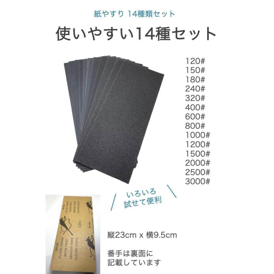 紙やすり 14種類セット 縦23cm x 横9.5cm 紙ヤスリ サンドペーパー 中