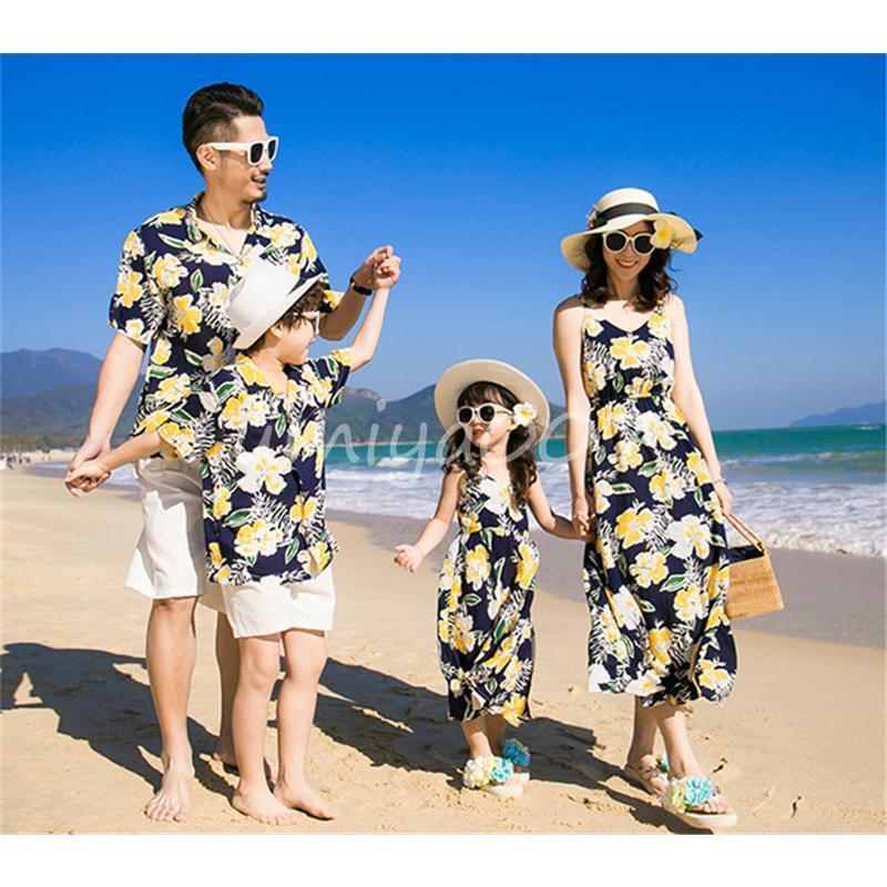 アロハシャツ 親子コーデ 花柄 メンズ レディース 子ども用 ペアルック 親子 お揃い ワンピース リゾート 親子リンクコーデ 夏 旅行 海辺｜宇美屋