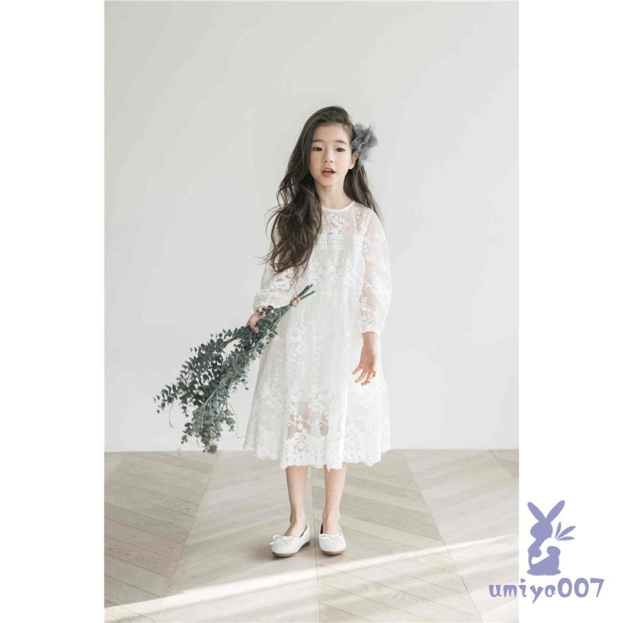 ッズ ドレス 女の子 子供 ジュニア 七五三 結婚式 発表会 ワンピース  おしゃれ 白 ホワイト ピアノ発表会 リングガール 7分丈 シースルー 刺繍 | ブランド登録なし