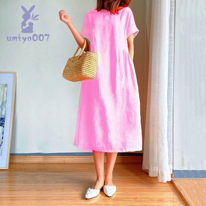 ワンピース レディース ロング丈 マキシ丈 リネン 半袖 シャツ 春 夏