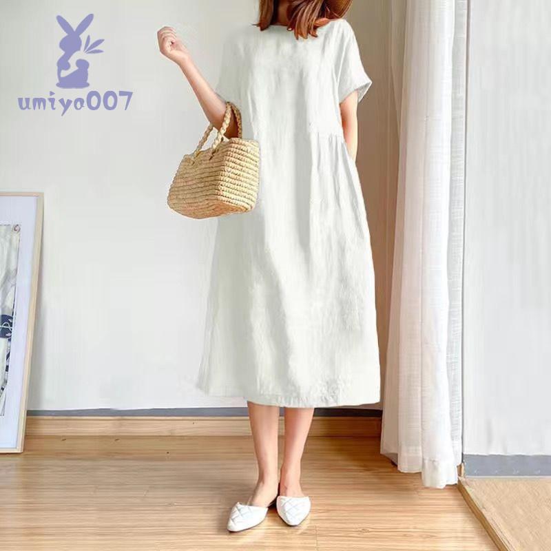 ワンピース レディース ロング丈 マキシ丈 リネン 半袖 シャツ 春 夏