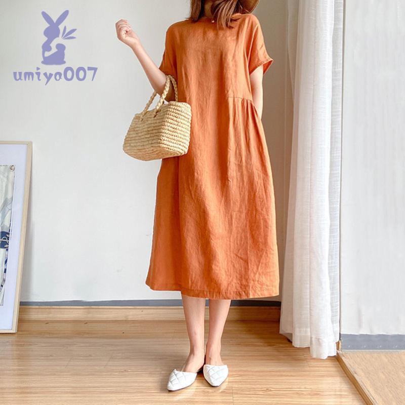 ワンピース レディース ロング丈 マキシ丈 リネン 半袖 シャツ 春 夏