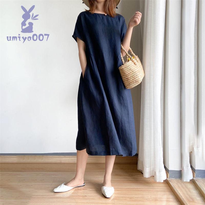 ワンピース レディース ロング丈 マキシ丈 リネン 半袖 シャツ 春 夏