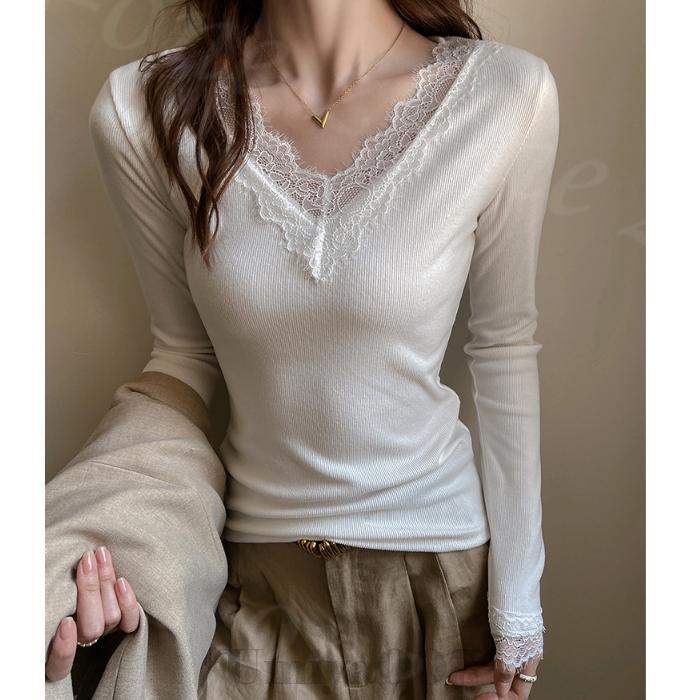 Tシャツ 長袖 カットソー Vネック レース リブ パネル ショルダー 