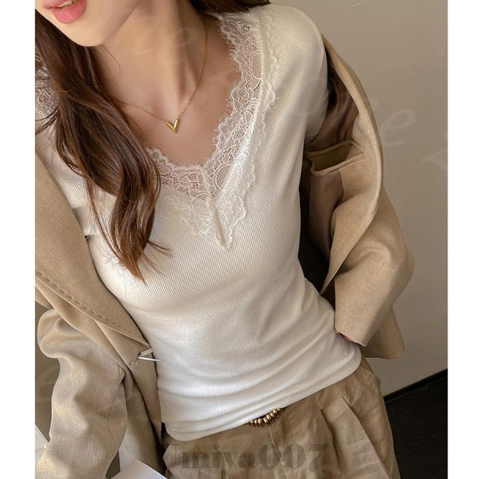 Tシャツ 長袖 カットソー Vネック レース リブ パネル ショルダー