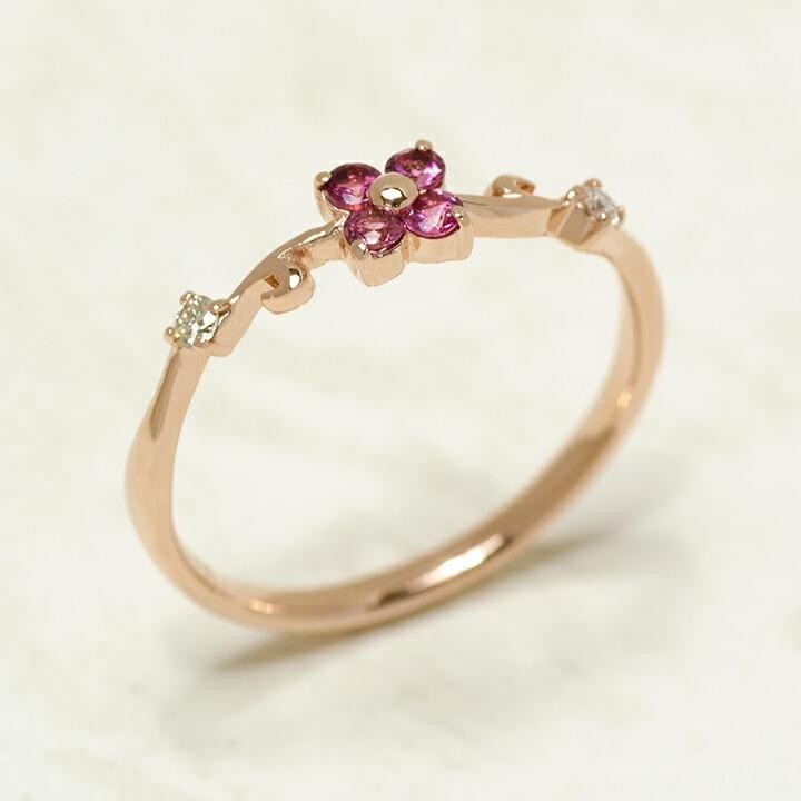 リング 指輪 ピンクトルマリン ダイヤモンド ゴールド K10 フラワー