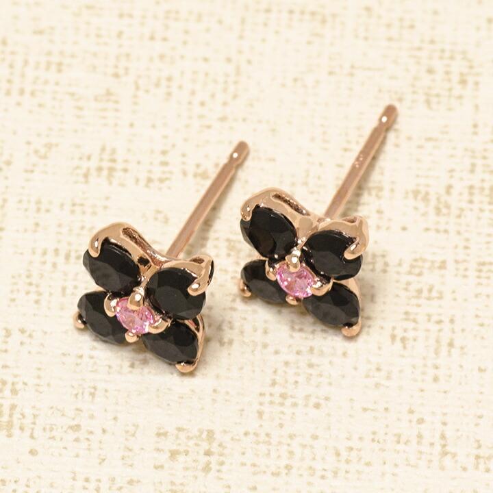 スタッドピアス オニキス ピンクキュービックジルコニア 花 フラワー