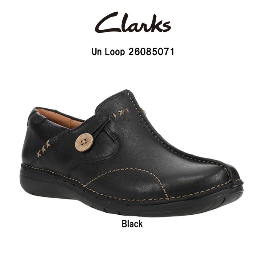 CLARKS(クラークス)アンループ スリッポン コンフォート シューズ ブラック レザー ステッチ ボタン 軽量 カジュアル レディース Un Loop 26085071 Clarks（クラークス） CLARKS(クラークス)アンループ スリッポン
