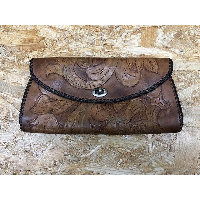 ※ブランド不明 インポート雑貨 ミニクラッチバッグ リゾート系 アジアンテイスト リーフ柄 ボタニカル ミニバッグ 鞄 かばん カバン 茶色 | 