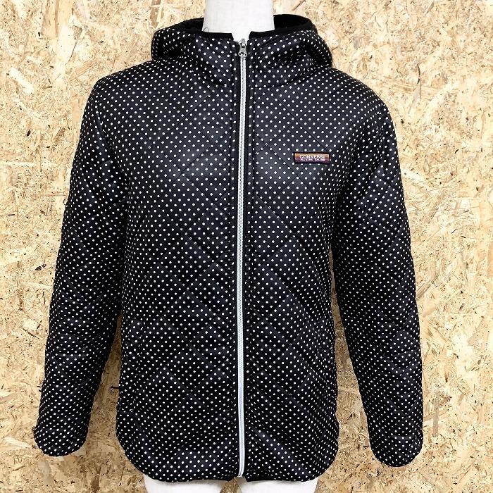 CONVERSE コンバース M レディース キルティングパーカー 中綿ジャケット ドット柄 フードにボア裏 長袖 ポリ100% ブラック×ホワイト | CONVERSE