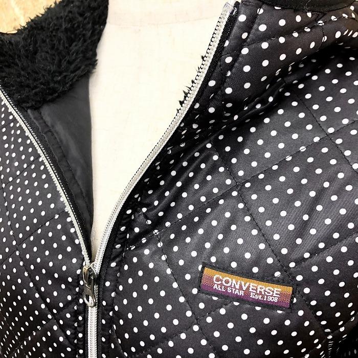 CONVERSE コンバース M レディース キルティングパーカー 中綿ジャケット ドット柄 フードにボア裏 長袖 ポリ100% ブラック×ホワイト | CONVERSE | 01