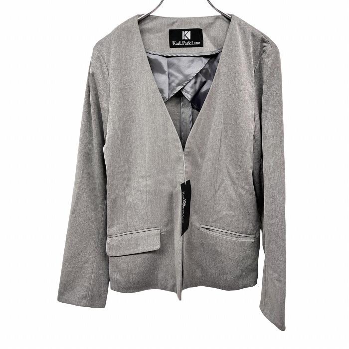 Karl Park Lane 少し薄手 ノーカラー ジャケット フロントホック留め 背抜き裏地 無地 長袖 ポリなど 9 杢グレー レディース