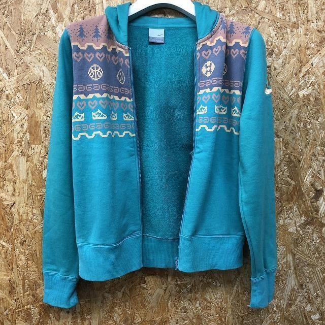 ナイキ NIKE スウェットパーカー 裏毛 ジップ 刺繍 両面プリント ノルディック×スニーカー×ハート 長袖 綿100% S 青緑 レディース | NIKE | 01